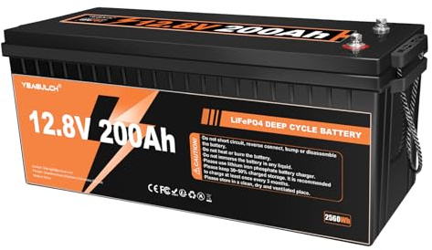 Yeagulch Batterie Lithium 12V 200Ah LiFePO4 – BMS 100A Intégré, 6000 Cycles, 2560Wh 12V Batterie LiFePO4 Rechargeable adaptée au Camping-Car, Stockage Solaire, Hors Réseau