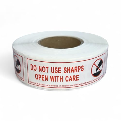 Do Not Use Sharps Open with Care - Etichette adesive di avvertenza, rotolo da 500, dimensioni 76 mm x 25 mm, traduzione inclusa sull'adesivo