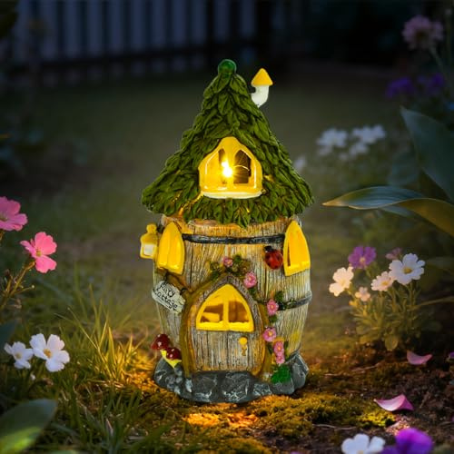 GEYUEYA Home Fairy Garden House with Solar Light, Outdoor Figurine Lights Garden Statues,Yard Decorations Outdoor Fairy Garden Accessories,Decor Gifts for Mom Women,12 Inches, Huge Fairyland House