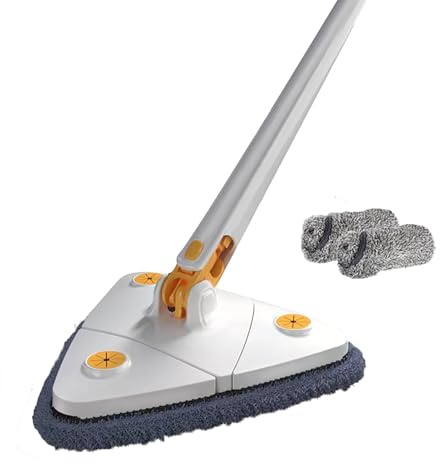 Kabxhueo Balai à Franges Plat en Microfibre avec système d'essorage intégré -pour Bois Dur Humide - avec tampons lavables - pour carrelage stratifié, rallonge en Acier Inoxydable,White (2 Sheets)