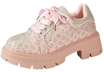 FQLGJMY Plattform Glitter sneakers för kvinnor med snörning design glittrande lätta tennisskor strass mode tjocka bling skor för bröllop brud glänsande paljett fest promenadsneakers, Stil 7 Rosa, 38.5