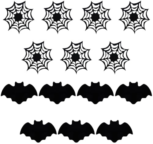 Juego de 14 Posavasos de Fieltro para Halloween, 7 con telarañas y 7 con murciélagos, Posavasos de Cristal, para Decorar Bebidas, Bares y Vasos en Fiestas Familiares.