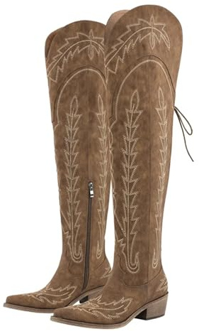 UJEDFHV Knähöga cowboystövlar för kvinnor över knäet fuskläderstövlar för cowboy för justerbar lårhög cowgirl, Sh230901d, 40.5 EU