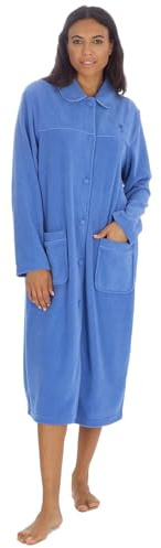Ladies Fleece Button Up Dressing Gown Housecoat Collared Soft Calf Length Robe (BLUE, 14-16)