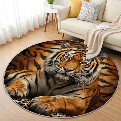 AevuCub Tiger Teppich Rund 90 cm Kurzflor - Waschbare Teppiche Wohnzimmer Tiermotiv Wildtier Tigermuster - Runder Teppich 90 Durchmesser Kinderzimmer - Bettvorleger Schlafzimmer rutschfest Weich
