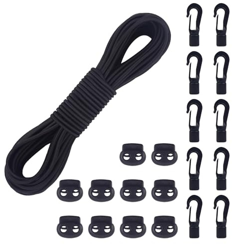 COEWUR 20 M Corda Elastica 5mm Tenditore Elastico Nero Elastico in Gomma Corde Elastiche con 10 Fermacorda a Molla 10 Gancio in Plastica per Teloni Tende Trasporto Lacci Zaino