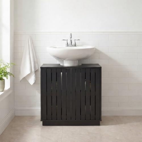 Furnihaus Gaia Wooden Under Sink Bathroom Storage Cabinet, Freestanding Slim Undersink Cupboard & Basin Unit, Floor Standing, 60x29.5x60cm, (Black Oak Effect)
