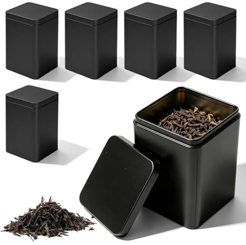 Nimblyne Lot de 6 boîtes à thé carrées classiques 80 × 80 × 110 mm : boîtes à thé rectangulaires adaptées à un usage alimentaire pour le thé en vrac, protection des arômes, boîte à thé en métal