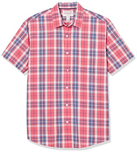 Amazon Essentials Camisa de Popelín de Manga Corta de Ajuste Normal Hombre, Rojo Efecto Lavado Cuadros Ventana, M