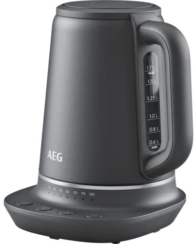 AEG Wasserkocher, 7 Temperaturstufen, 3-fache Sicherheitsabschaltung, Warmhaltefunktion, 1,7 Liter, Tropfschutz, Einfache Reinigung, 360° Basis, Anti-Rutsch, LED-Anzeige, Grau, K7-1-6BP