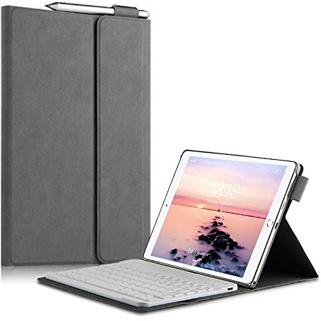 QYiiD Funda con Teclado para iPad Mini 5 / Mini 4, Carcasa Delgada de Piel con Teclado Inalámbrico Bluetooth & Soporte para lápiz para Apple iPad Mini 5th Gen 2019 / iPad Mini 4, Gris