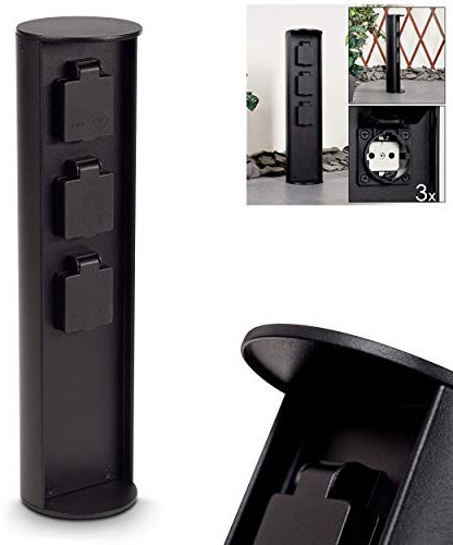Socket Column Stewart, Cylindrical Column Made of Metal in Black, 3-fold Socket Outlet of a Height of 40.5 cm, Garden Socket Outlet hinged Cover, IP44, 16A/250V Connection