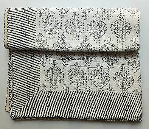 Coperta trapuntata in cotone grigio con stampa a mano fatta a mano, in cotone indiano, stampa kantha indaco, stile bohémien, decorazione per letto, per letto doppio/king size, 228 x 274 cm (6)