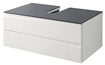 byLIVING Waschtisch Shape, 2 Schubladen gefräste Griffleiste, Korpus weiß | Moderne Bad Kommode, Front Hochglanz Weiß, Glasablage Grau, Schrank, 80 x 33 x 46 cm (BxHxT)