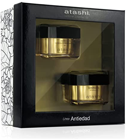 Atashi | Cofre Ritual Hidrata y Repara | Crema Hidratante Redensificante SPF15 + Crema Reparadora Antiarrugas | Con Gardenia, Perla Negra, Retinol y Spilanthol Activo | 50 ml + 50 ml