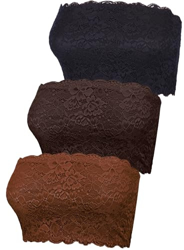 Boao 3 Pieces Women's Floral Lace Tube Top Bandeau Strapless Bras Seamless Stretchy Chest Wrap, Black,Dark Brown, Caramel, M