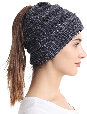 sy soul young Gorro de punto con cola de caballo y moño desordenado, tipo Beanie, con agujero, para mujer, suave, para invierno, con orificio para el peinado, para damas, Talla única
