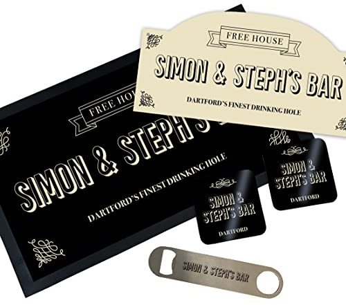 Custom Home Bar Set Traditional Pub Design - Choose From Custom Made Bar Sign, Bar Mat, Coasters & More - Home Pub Gift Idea for Dad