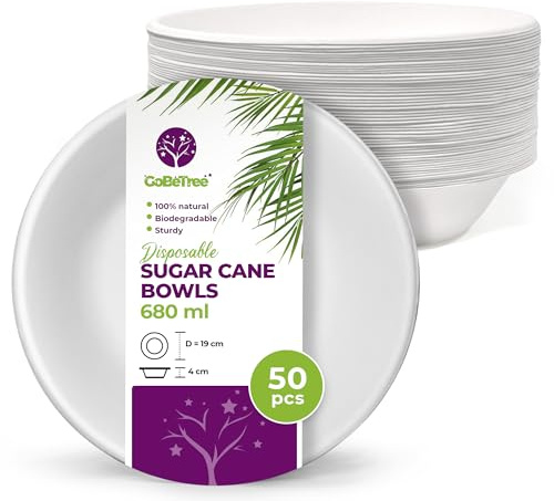 GoBeTree 50 Boles Desechables de Caña de Azúcar 680 ml. Boles Blancos para Poke, Ramen y Ensalada Grande, Aptos Microondas y Congelador, Resistentes al Aceite