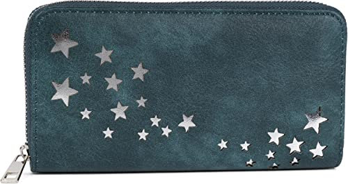 styleBREAKER Damen Portemonnaie mit Metallic Sternen | große Geldbörse mit Reißverschluss, Kartenfächern & Handyfach, Kunstleder 19 x 10 cm, Farbe:Dunkelblau