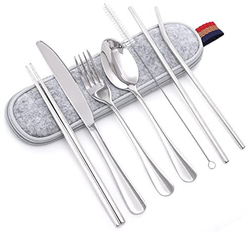 Göffel Reisebesteck, 8 Stück Reise Und Picknick Geschirr 1 Person, Spülmaschinenfest, Inklusive Messer, Gabel, Löffel, Essstäbchen, Reinigungsbürste, Strohhalm Mit Tragetasche, Lichtbeständig (Silber)