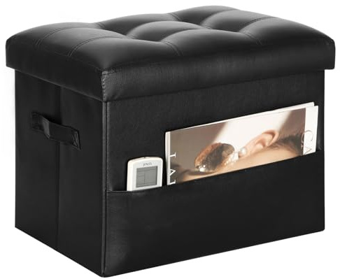 Storage Ottoman Foot Rest Stool with Thicker Foam Padded Seat. Foldable Leather Footstool Bench. Small Ottoman with Storage for Living Room Bedroom Coffee Table 350 lbs, 17x13x13in, Black.