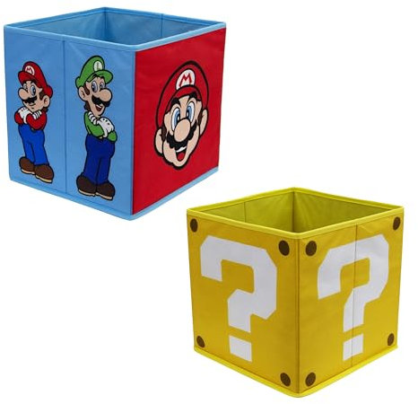 Nintendo Super Mario - Cajas de almacenamiento con licencia oficial | Paquete de 2 cubos de almacenamiento plegables con diseño de caras con Mario y Luigi | Perfecto para organizar la habitación de