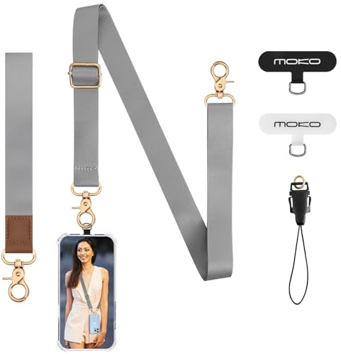 MoKo Lanière de Téléphone Ajustable avec Dragonne, Cordon de Téléphone Universelle Amovible pour la Plupart des Smartphones, 1 Lanière, 1 Dragonne, 1 Attache de Téléphone, 2 Patchs pour Lanière, Gris