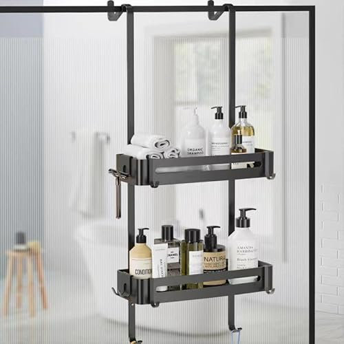 AIGOCITY Duschregal zum Hängen, Duschablage Ohne Bohren Schwarz, Duschablage zum Hängen für Glasduschtüren, mit 6 Haken für Rahmenlos Glastür Edelstahl (Schwarz)