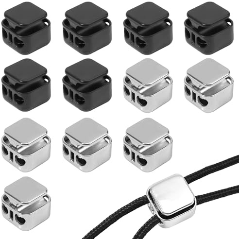 12pcs Heavy Duty Cord Locks, Double Hole Metal Press Cord Locks Pull Cord Stop Fastener Draw String Clip for Lanyard Paracord Pants Shoelaces Drawstrings (Black, Silver)