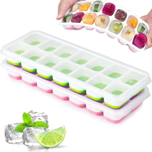 XOXVURI 2 Pcs Bacs À Glaçons En Silicone Avec Couvercle Moule A Glacon Empilable Certifié Lfgb Et Sans Bpa Glacon Moule Reutilisable Pour Whisky Cocktail Glaces Congélateur Boissons Rosa Vert