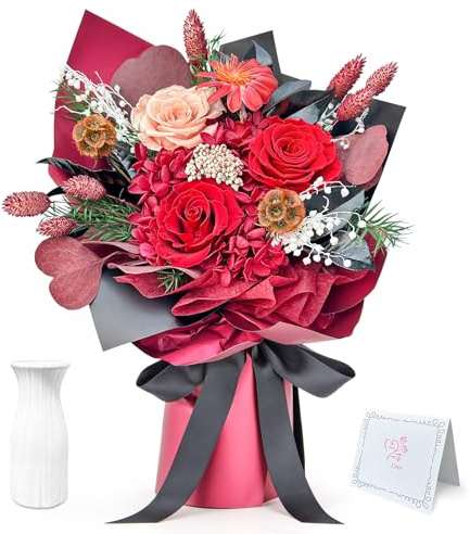 WEIZIWAN Konservierte Blumen Bouquet, Rot Ewige Rose Einschließlich Vase, Home Decor Natürliche Echte Rose Dauert 1-3 Jahre, Valentinstag Muttertag Jubiläum Weihnachten Geschenke für Frauen