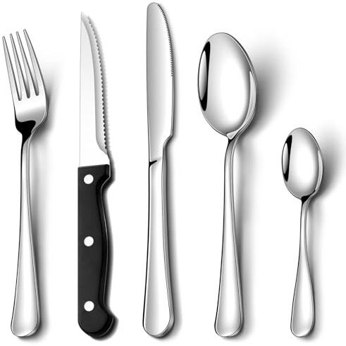 20 Pcs Cutlery Set with Steak Knives, NINIROR Food-Grade Stainless Steel Flatware Set Silverware Set for 4 People Include Spoon Knife and Fork Sets Mirror Polished Dishwasher Safe for Home Restaurant