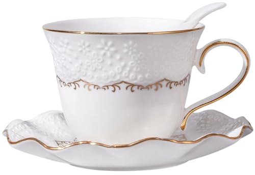 QEETOOHH Tea Cup and Saucer Set for 1, Coffee Cup with Saucer and Spoon, Espresso Latte Cup for Women Gift, Dishwasher Safe, 6.8 Oz