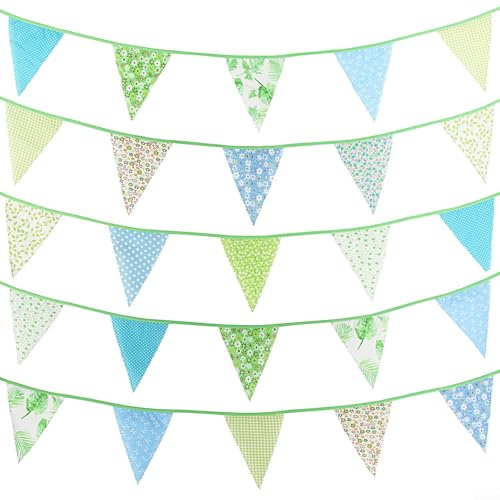 Honseadek Festone vintage con bandierine a forma di fiore, 36 pezzi, in cotone, 10 m, per matrimoni, feste in giardino, decorazione (verde)
