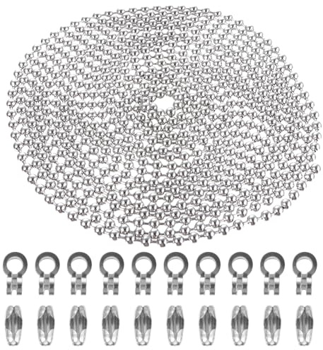 ELAYARD Chaîne à Billes en Acier Inoxydable 304 45 MM X 4 Mètres avec 10 Connecteurs Doubles Anneaux et 10 Connecteurs Ceinture Chaîne de Traction Réglable pour Ventilateur de Plafond