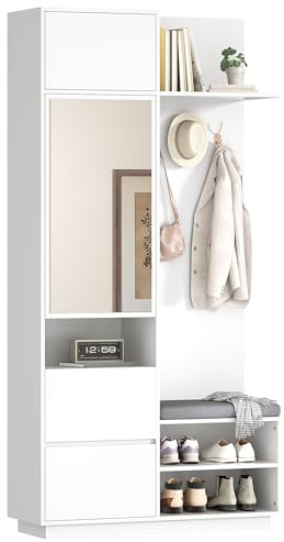 Merax Kompaktgarderobe mit Spiegel und Sitzbank, Flurgarderobe mit Schuhschrank, Haken und Schubladen, platzsparendes Flurmöbel Set für den Eingangsbereich, Weiß
