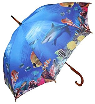 Unbekannt Regenschirm Meerestiere mit Holzgriff, Automatikschirm, Stockschirm, Schirm Hai Fische