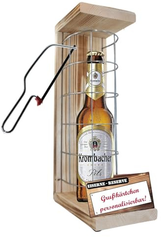 Personalisierte Geschenke für Männer Frauen Geschenkidee - Eiserne Reserve Gitter Text rot Krombacher Pils Bier (1 x 0.5 l) incl. Notsäge - Papa Mama Geburtstag Hochzeit
