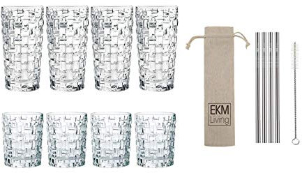 Nachtmann Noblesse Lot de 8 verres à long drink, 4 verres à whisky + lot de 4 pailles en acier inoxydable EKM Living