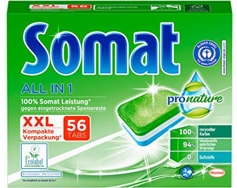 Somat All in 1 Pro Nature Spülmaschinen-Tabs, 56 Tabs, umweltfreundlich mit 100 Prozent Somat Leistung, mit wasserlöslicher Folie
