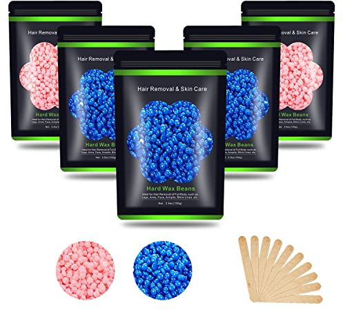Hard Wax Beans 17.5Oz, Hair Removal Body European Brazilian Pearl Waxing Beads For Women Men Include 10 Waxing Spatulas For Bikini, Eyebrow, Face, Armpit 5 Packs