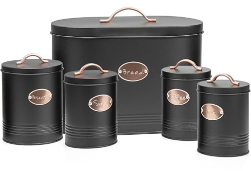 Denny International 5PC Kitchen Food Storage Set Bread Bin, Biscuit Tin and Tea, Coffee & Sugar Canister Set, Vintage Classic Inspired Metal Storage Set (Black)