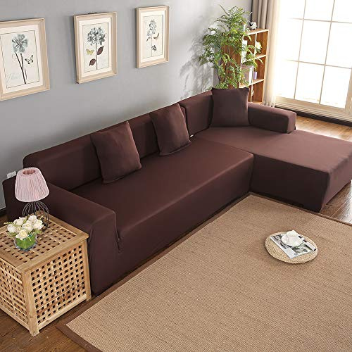 Wakects Eck Stretch-Sofabezug Stretch Sofabezug,L-Form Sofabezug Polyester mit Halbinsel 3 + 2 Sitzer links/rechts,leicht zu reinigen (braun)