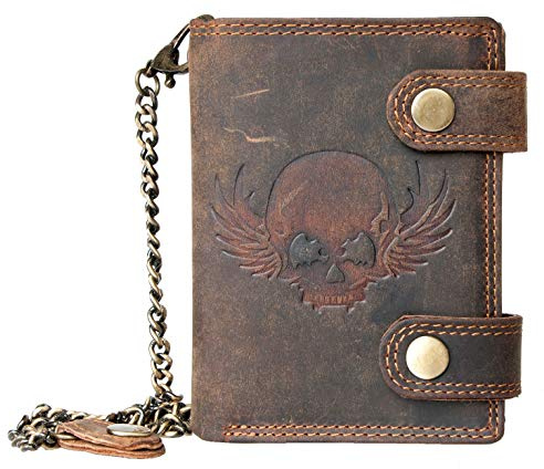 FLW -Wild Strong Genuine Leather Biker Wallet Skull with Chain - RFID, Brown, One Size, RFID Wallet