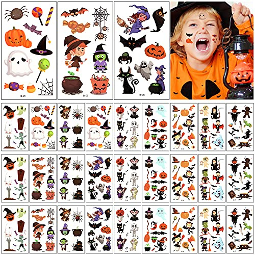 Tattoo Kinder, KEELYY 30 Blätter Halloween Temporäre Tattoos, Wasserdichte Hautfreundliche Kindertattoos Aufkleber für Halloween Party Kindergeburtstag Mitgebsel, Geister, Spinnennetz, Kürbisse