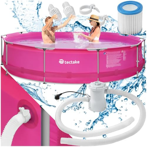 tectake® Piscina Redonda Desmontable, Estructura Acero, Piscina con Depuradora, Resistente al Exterior, Piscina Grande Incluye Depuradora, Fácil Montaje, Ideal para Jardín, 360cm - Rosa