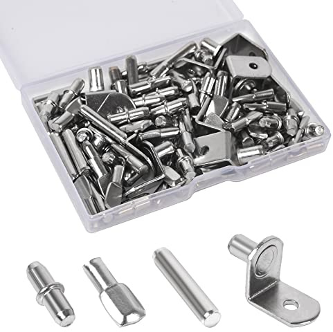 WISSXNA 100Pcs Shelf Pegs for Shelves, 4 Styles Shelf Pins Kitchen Cabinet Shelf Pegs, Nickel Plated Shelf Holders Pegs, Bookshelf Pegs for Shelves, Metal Shelf Support Pegs & Pins (5mm & 6mm)…
