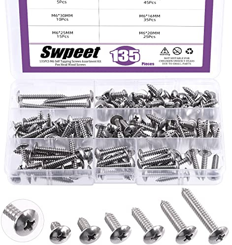 Swpeet 135 tornillos autorroscantes de cabeza Phillips de acero inoxidable 304 de 12 x 1/2 a 1-3/5 pulgadas, tornillos de madera Phillips Cross Drive Kit surtido de tornillos para chapa de metal