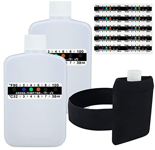 KEVTVEK 14 Pcs Urine Test Complete Kit Includes 2 Translucent Portable Travel Empty Bottles, 10 Adhesive Temperature Test Strips, Neoprene Bag and Hi-Stretch Hidden Leg Straps